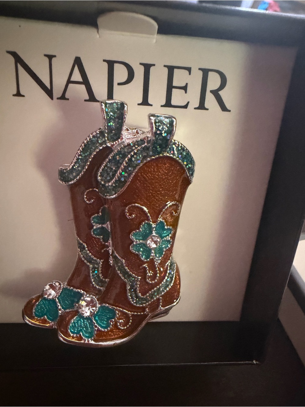 Napier Brown and Teal Western Boot Pin with Rhinestones
